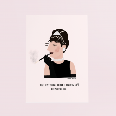 Ilustração de mulher elegante com cigarro e texto motivacional em fundo rosa claro