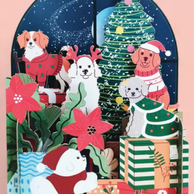 Decoração ilustrada de Natal com cães, árvores e presentes coloridos