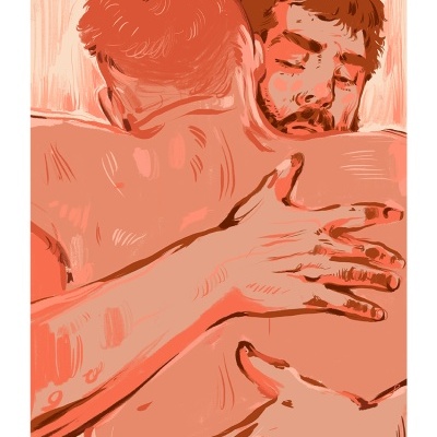 Ilustração de duas pessoas abraçadas em tons de laranja e vermelho.