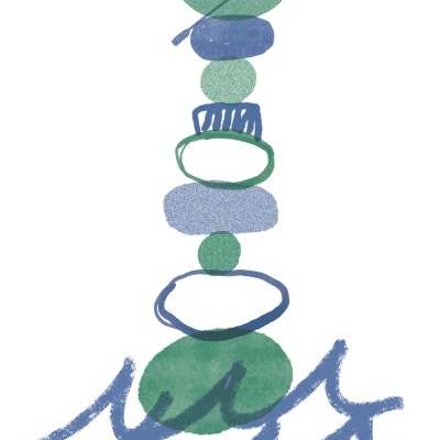 Ilustração de pedras empilhadas com uma canoa e um remador no topo sobre ondas do mar.