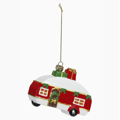 Enfeite de Natal caravana vermelha com presentes no telhado