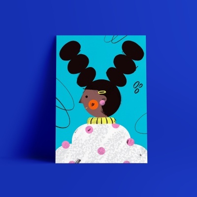 Ilustração colorida de pessoa com cabelo em duas tranças redondas sobre fundo azul