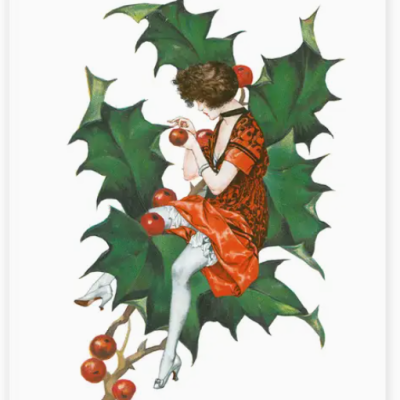 Ilustração vintage de mulher com vestido vermelho entre folhas verdes e bagas vermelhas de azevinho.