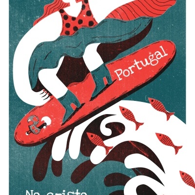 Ilustração de mulher em skate vermelho com palavra Portugal e peixes vermelhos