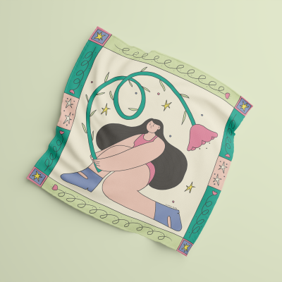 Cachecol ilustrado com mulher segurando flor, bordas decoradas em verde e rosa.