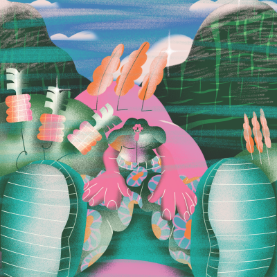 Ilustração colorida de personagem rosa entre objetos verdes em paisagem montanhosa