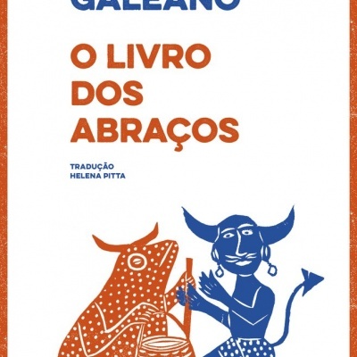 Capa do livro O Livro dos Abraços de Eduardo Galeano com ilustração azul e laranja