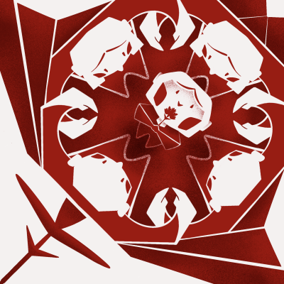 Ilustração em tons vermelho e branco com figuras humanas em círculo, folha de bordo e avião.