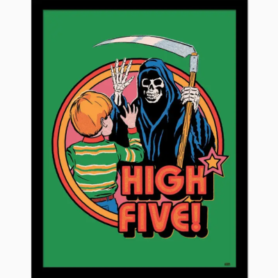 Desenho da Morte a dar 'high five' a uma criança ruiva com camisola às riscas, fundo verde