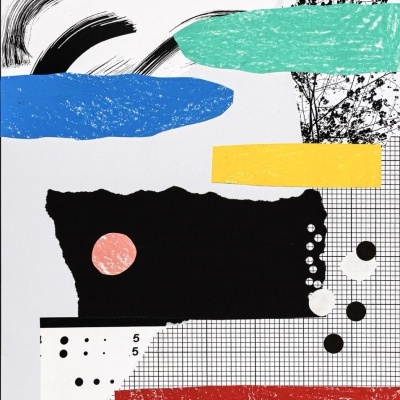 Imagem abstrata com formas coloridas e padrão de grade em branco e preto