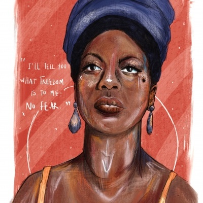 Ilustração digital de mulher negra com turbante azul e camisola laranja com texto inspirador