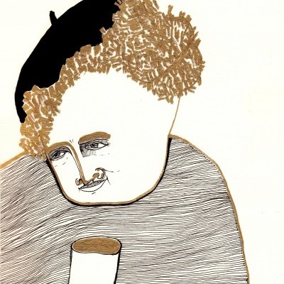 Desenho artístico de pessoa com boina preta segurando copo