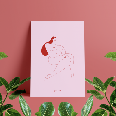 Póster artístico minimalista com ilustração de mulher nua em vermelho sobre fundo rosa