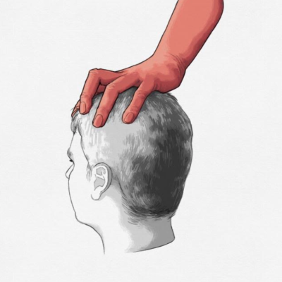Cabeça humana vista de perfil com grande mão vermelha pousada sobre ela
