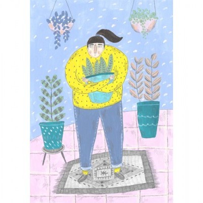 Desenho de pessoa segurando vaso com planta em ambiente com outras plantas e tapete