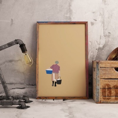 quadro rústico com ilustração minimalista de pessoa segurando baldes ao lado de lâmpada e caixa de madeira