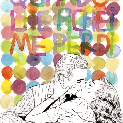 Ilustração colorida de um casal a beijar-se com texto artístico no fundo