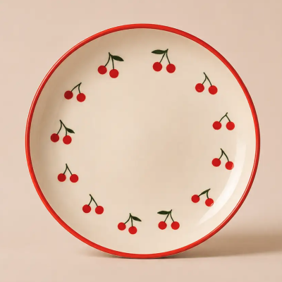 Prato redondo branco com borda vermelha e estampado de cerejas.