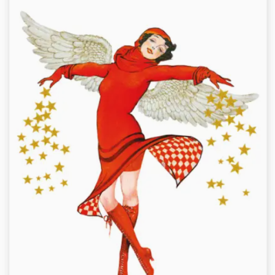 Mulher com vestido vermelho e asas de anjo em ilustração vintage com estrelas amarelas