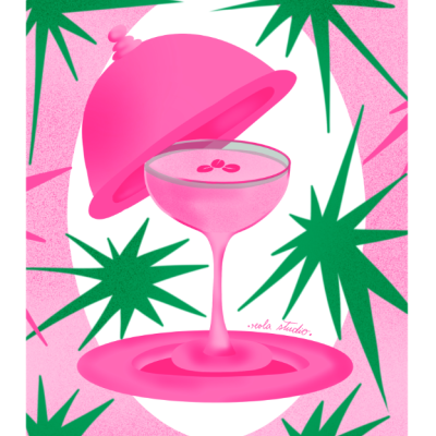 Copo de cocktail rosa com grãos de café, tampa e prato circulares cor-de-rosa sobre fundo colorido com estrelas verdes e rosa.