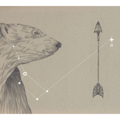 Desenho de urso, seta e constelações em tons cinza sobre fundo bege