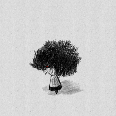 Desenho de uma figura feminina carregando ramos negros que cobrem a sua cabeça
