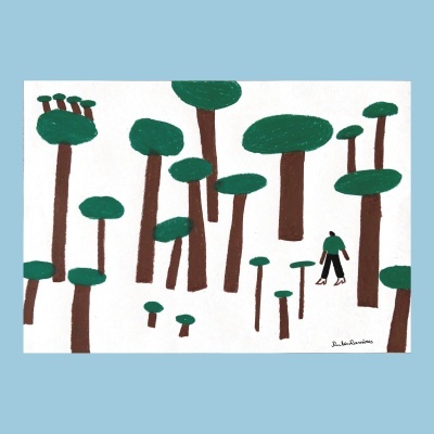 Ilustração de árvores e figura humana num fundo branco