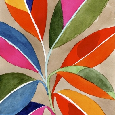 Ilustração colorida de folhas em vários tons vibrantes sobre fundo bege