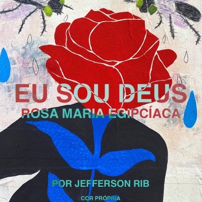 Poster colorido com rosa vermelha, duas moscas e texto promocional em português.