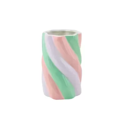 Vaso cilíndrico com padrão em espiral verde, rosa e branco