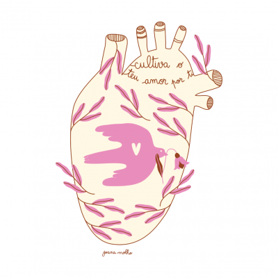 Ilustração de coração humano com folhas e pomba rosa, texto 'cultiva o teu amor por ti'