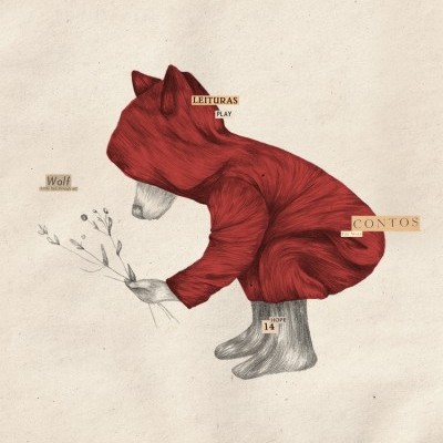 Ilustração de figura com cabeça de lobo em fato vermelho agachada a segurar ramos