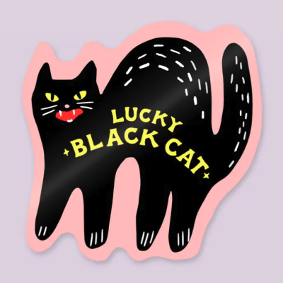 Autocolante de gato preto com texto amarelo em fundo rosa