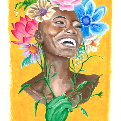 Ilustração de mulher sorridente com flores e coração verde em fundo amarelo