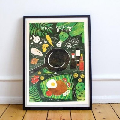 Cartaz ilustrado com tema culinário encostado numa parede