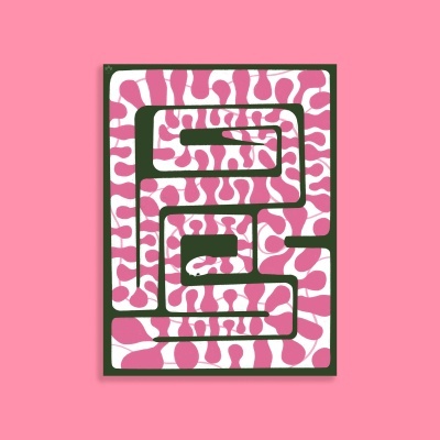 Labirinto quadrado com padrão rosa e branco em fundo rosa