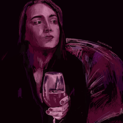 Ilustração de mulher segurando taça de vinho em tons roxos.