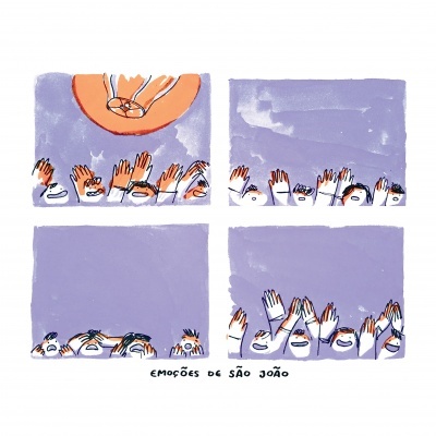 Ilustração de mãos e rostos com fundo roxo e texto emoções de São João.