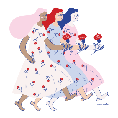 Ilustração de três mulheres com vestidos floridos e flores nas mãos