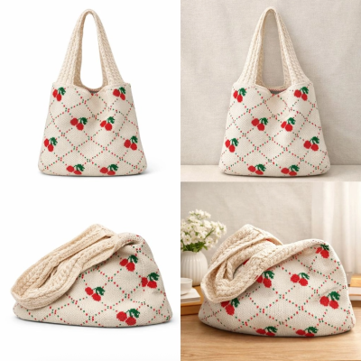 Bolsa de crochet bege com padrão de cerejas vermelhas e folhas verdes