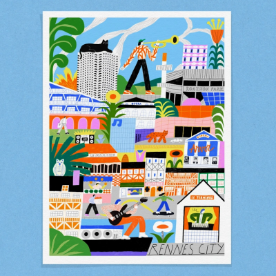 Ilustração colorida de cenas urbanas da cidade de Rennes