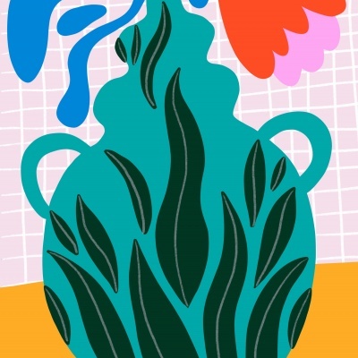 Ilustração de vaso verde-azulado com folhas escuras e flores azuis e vermelhas sobre fundo quadriculado.