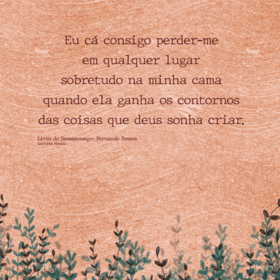 Texto poético sobre um fundo terracota com plantas verdes na base