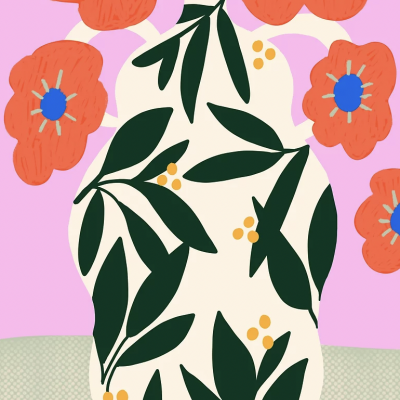 Vaso decorativo com padrão de folhas verdes e flores laranja sobre fundo rosa