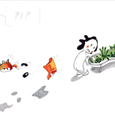 Desenho de personagem a regar plantas numa banheira e peixe-laranja partido em três partes flutuando no ar com balão de fala.