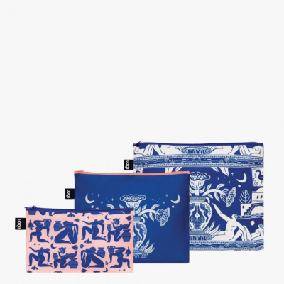 Três necessaires coloridas com padrões artísticos e etiquetas 'loqi'