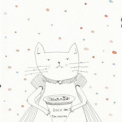 Ilustração desenhada de um gato com vestido segurando um saco com texto 'Doce e travessura' em fundo com pontos coloridos.