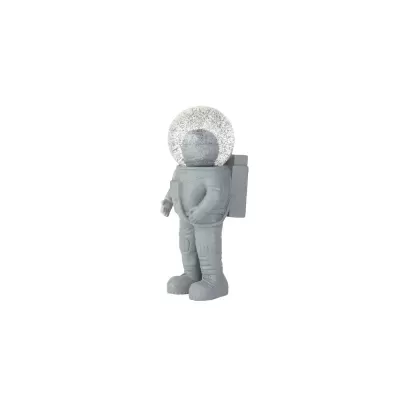 Figura decorativa de astronauta cinza com capacete prateado e mochila