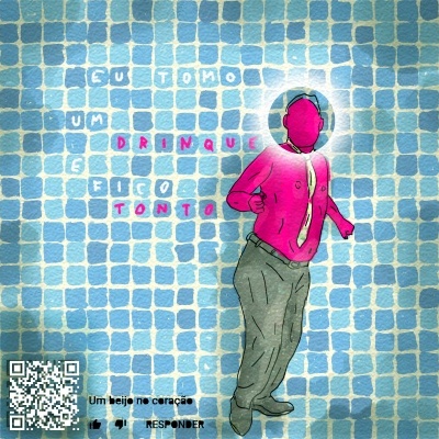 Figura humana rosa sobre azulejos azuis com texto e código QR