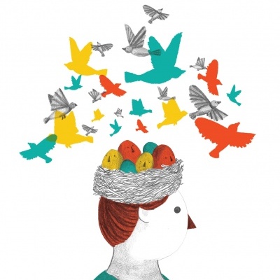 Desenho de pessoa com ninho e ovos na cabeça e pássaros voando em várias cores